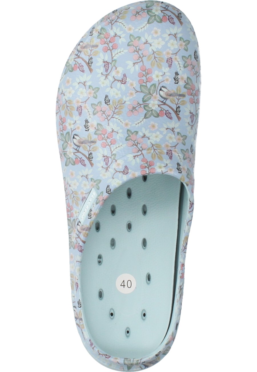 Garden clog LILY light blue with feminine floral pattern by AJS Blackfox