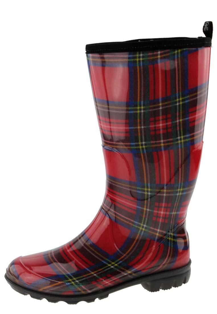 red plaid rain boots