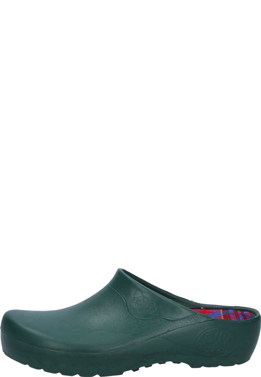 green PU clog with a removable cork footbed
